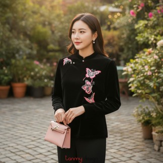 Sơ mi sườn xám, thêu 4 bướm, 3 khuy ngọc Nhung Đen